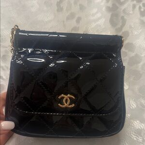 Black Patent Quilted Mini Shoulder Bag with Gold CC